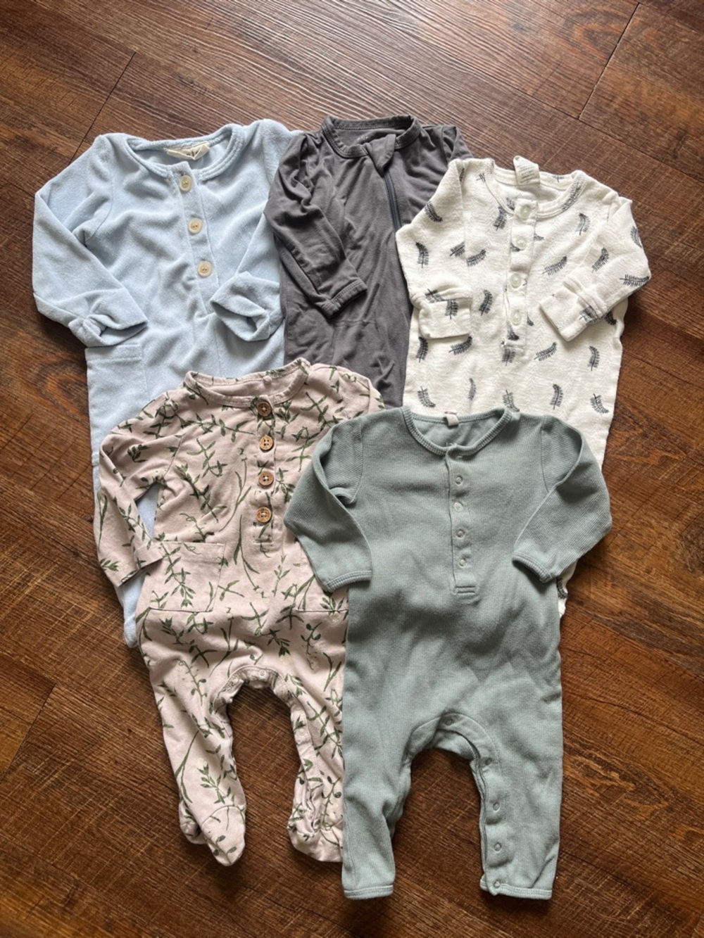Baby Long-Sleeve One-Piece Romper in Light Blue, Sage, Pink, Gray, and Cream